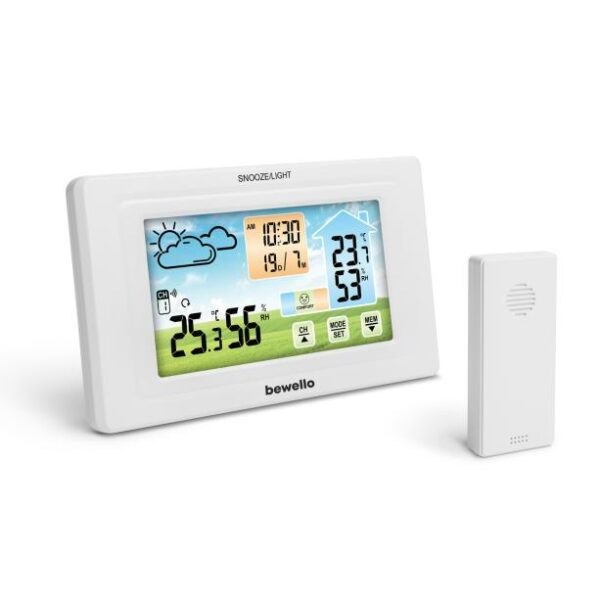 Bewello Digitális hőmérő és ébresztőóra - kültéri / beltéri - USB-s, elemes
