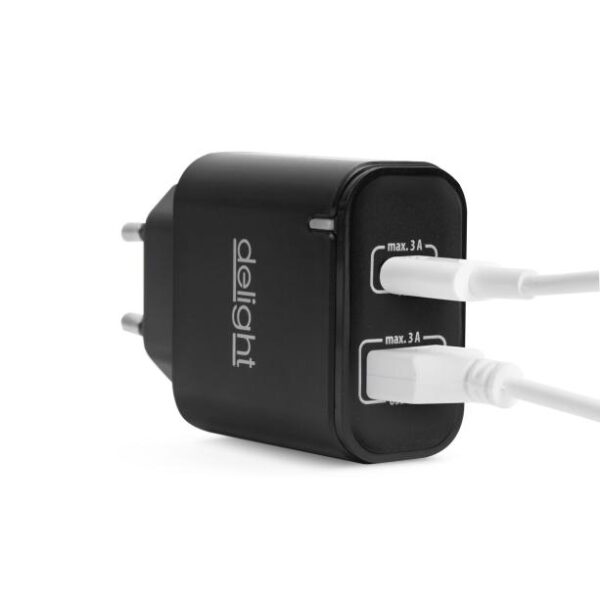 Delight 55047BK Hálózati Adapter Type-C PD20W 2x gyorstöltéssel - fekete