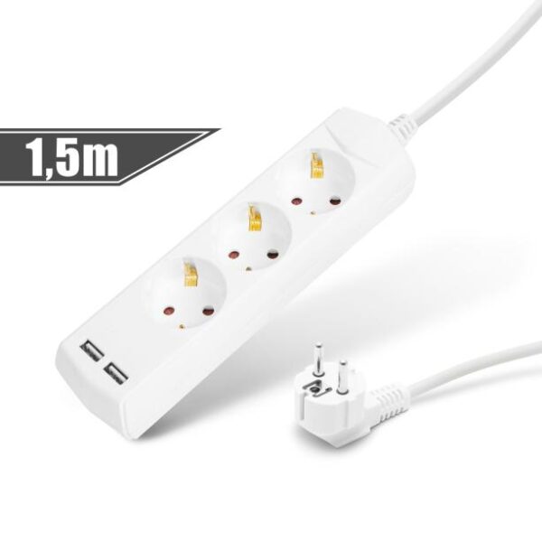 Delight 3 foglalatos 220V 1,5m fehér +2x USB elosztó