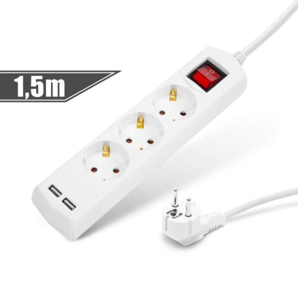 Delight 3 foglalatos 220V 1,5m fehér +2x USB kapcsolós elosztó