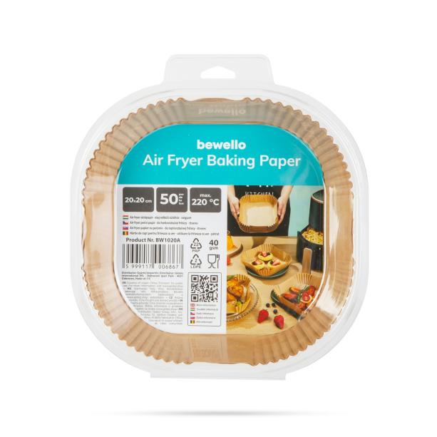 Bewello Air fryer sütőpapír - olaj nélküli sütőhöz - négyzet - 20 cm - 50 db