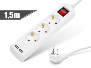 Delight 3 foglalatos 220V 1,5m fehér +2x USB kapcsolós elosztó