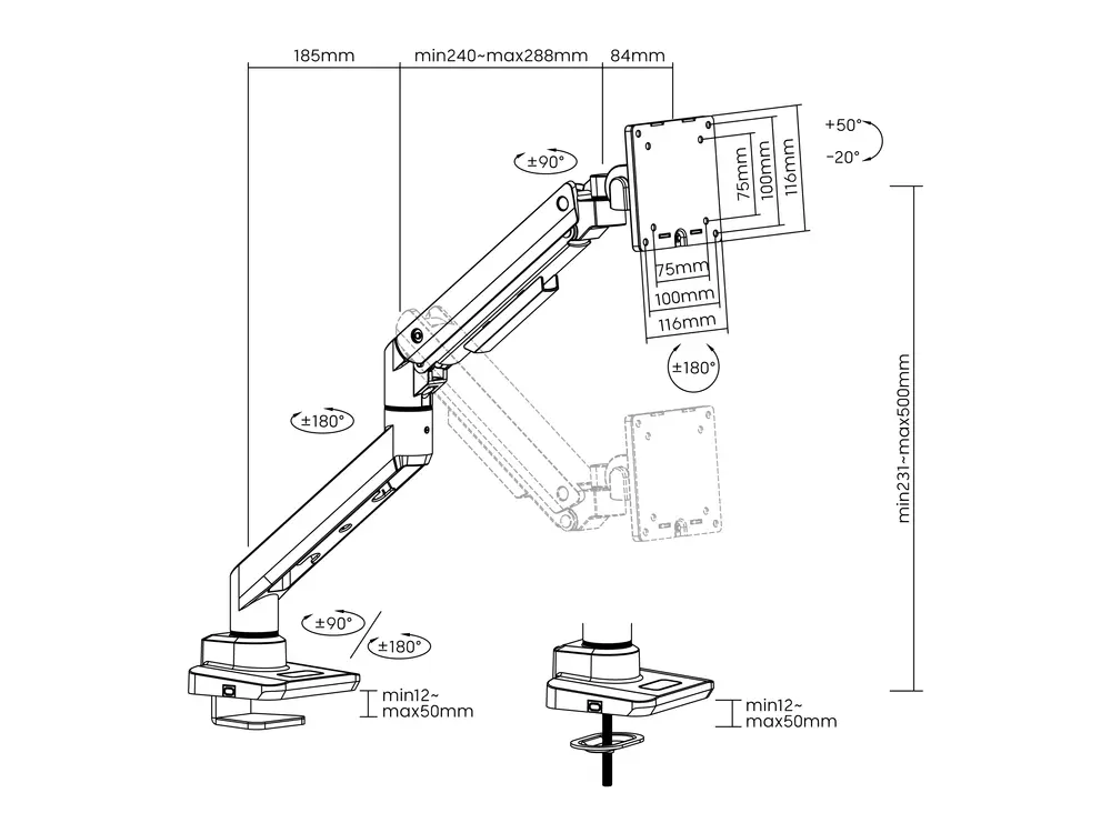Equip Monitor Asztali konzol - 650181 (17"-49", 1 monitor, dönthető, forgatható, Max.: 20kg, fehér) – 6. kép